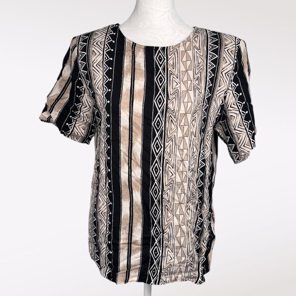 Vintage Solitaire Tribal Stripe Blouse Short Sleeve Rayon Small - Picture 1 of 10